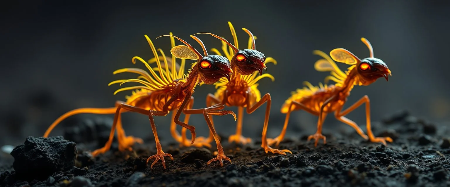 close up on mutant radiated glowing raven ant skeleton rat babies, raised by ninja necromancer in the wild