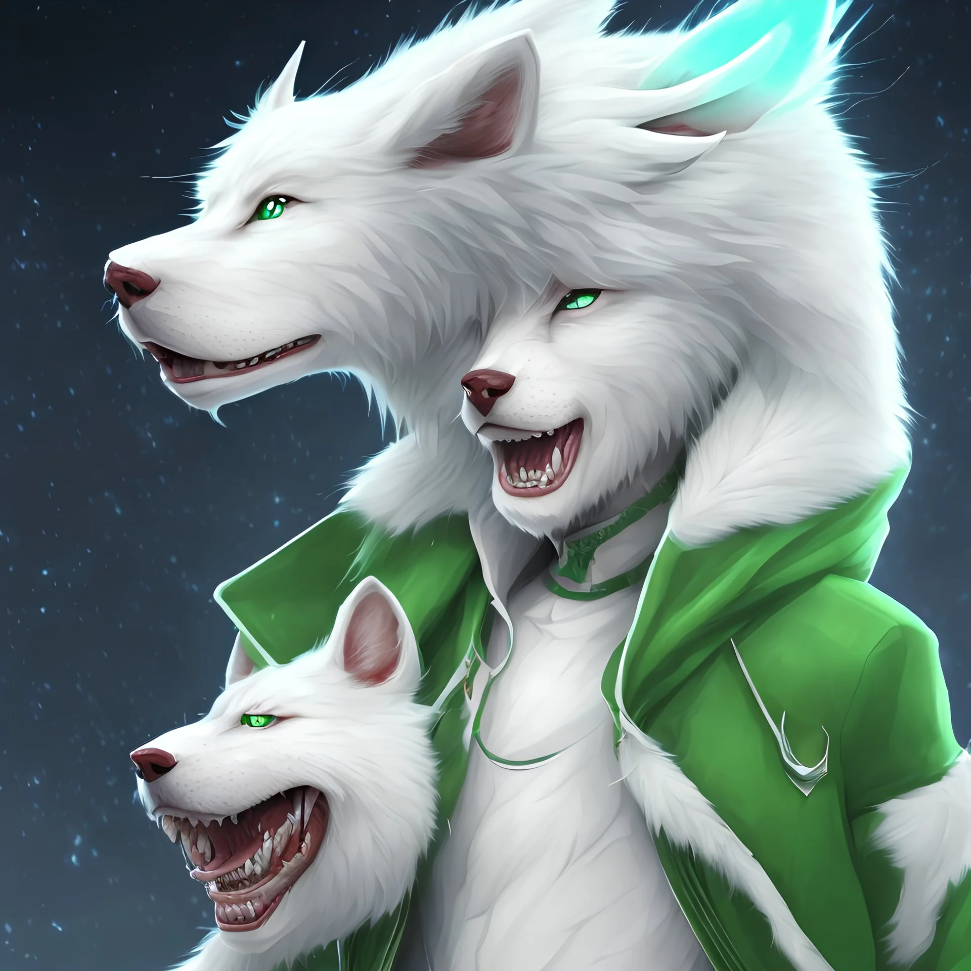 In anime, an anthropomorphic male character with white fur, white-and-green-haired, white-skinned, green-eyed, wolf ears, whiskers, a black hoodie, and black pants, is on the street in the massive capital.