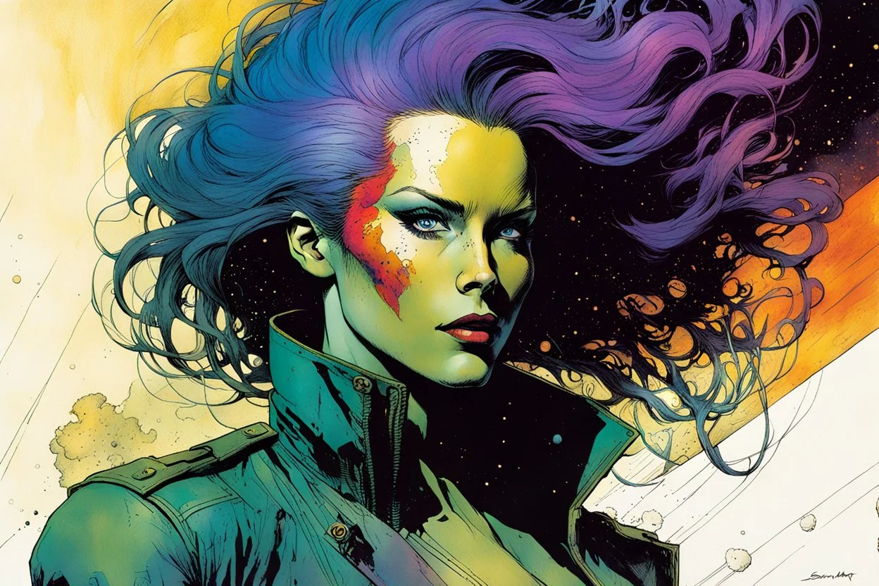 create an imaginative amorphous female extraterrestrial cybernetic pirate with finely detailed facial features, military cut hair, witnessing the destruction of Earth , in the comic book art style of Bill Sienkiewicz, Mike Mignola, and Jean Giraud Moebius, finely textured, drawn, colored, and inked