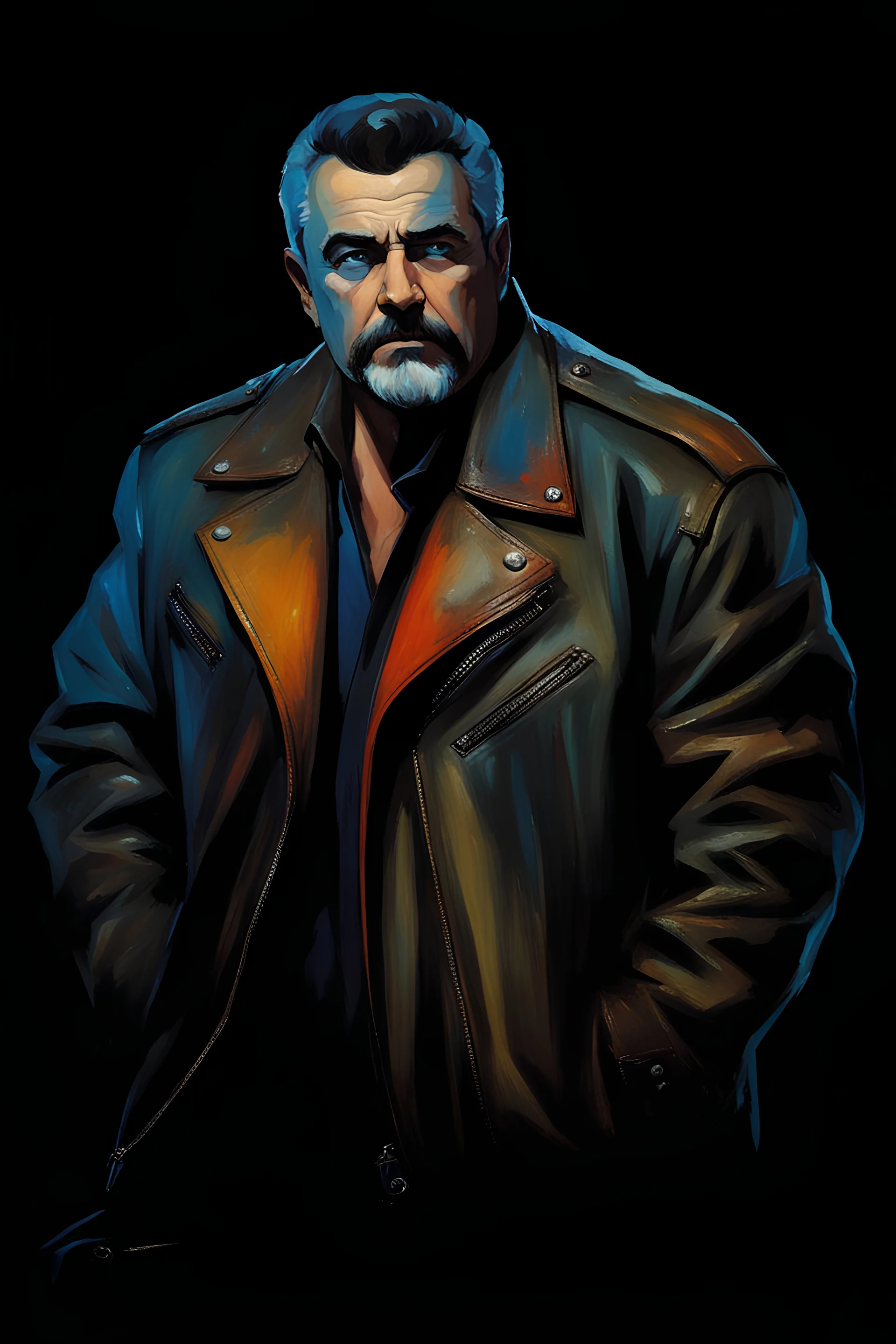 58-year-old man with crew-cut dark brown hair tapered on the sides, gray goatee, blue eyes, overweight, wearing a leather jacket - pitch black background, extremely colorful, oil painting by frank frazetta