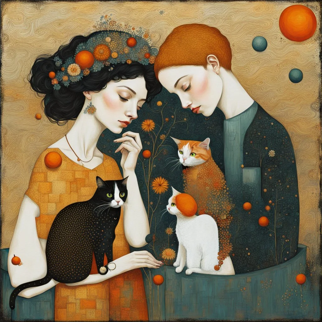 Random people and cats, random environment, random artistic style, random mixed techniques, random colours, random shapes, minimalist, creative, Precise figures, realistic textures, Klimt