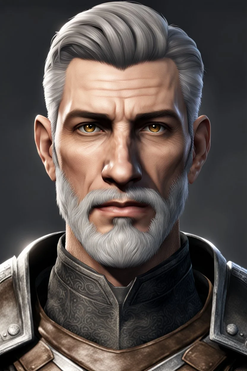 An old male imperial legionnaire from Skyrim with brown eyes, short gray hair and a light beard, Roman style