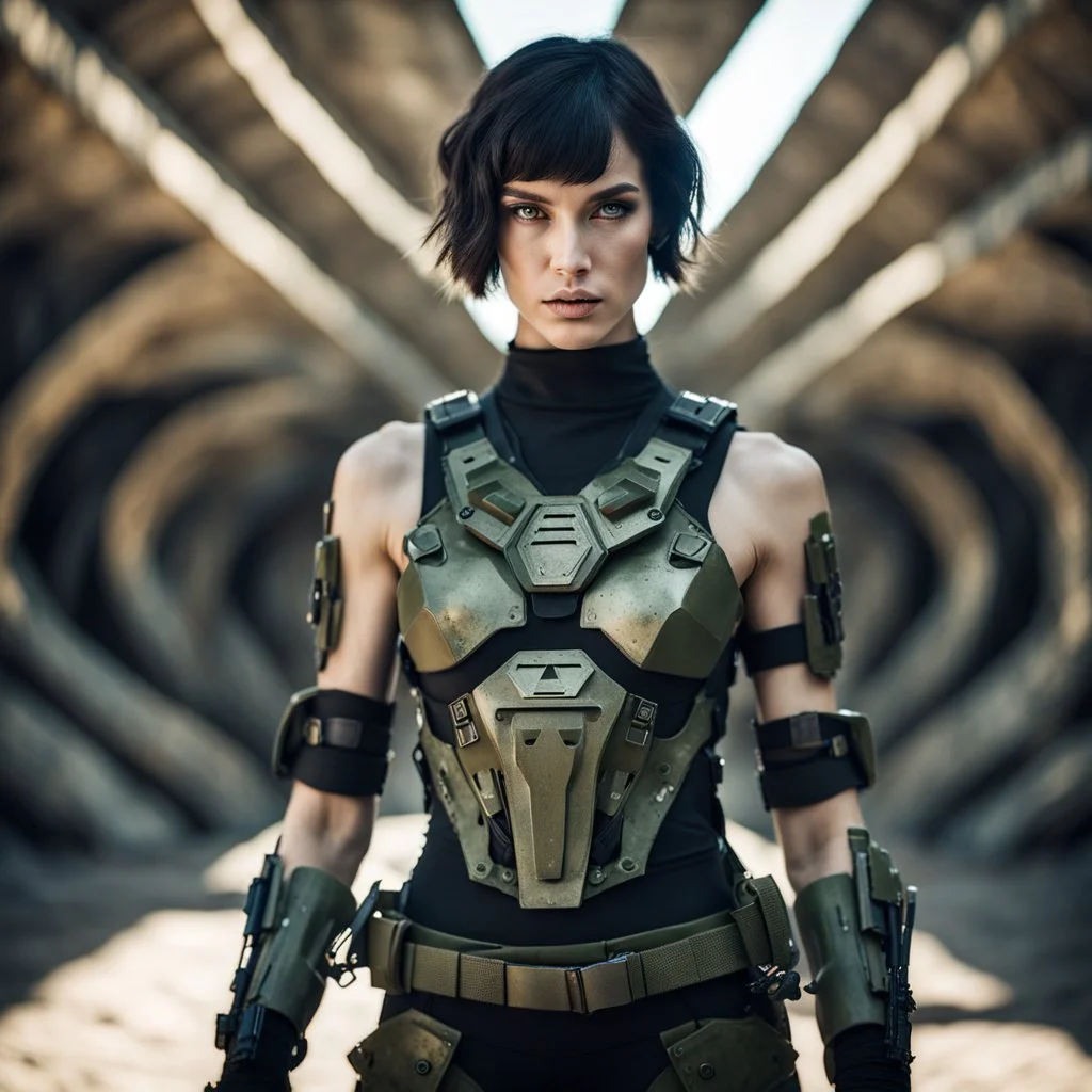 futuristic beautiful caucasian half cyborg female soldier, black metal body and limbs, scratched olive metal details, short brunette wavy bob haircut, dystopian, desert scene