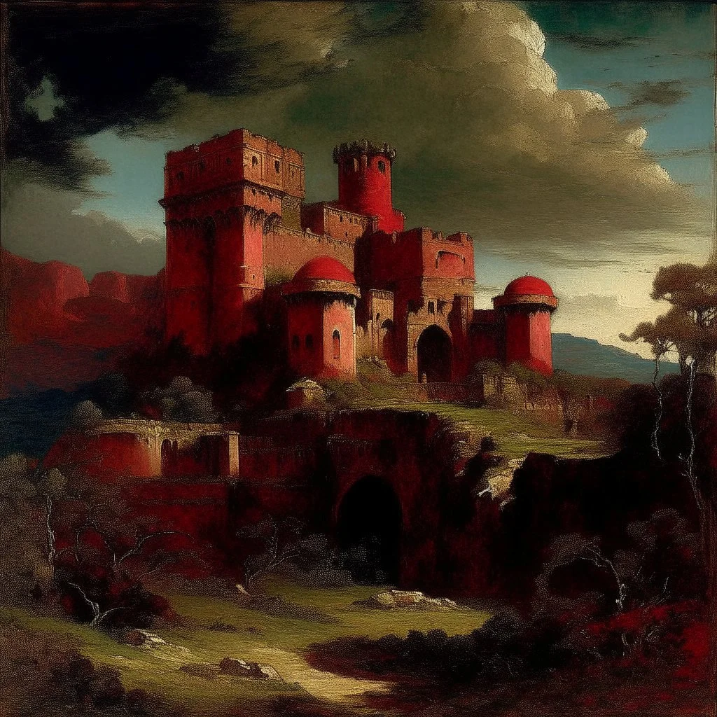 A dark red vampiric fortress painted by Gustave Courbet
