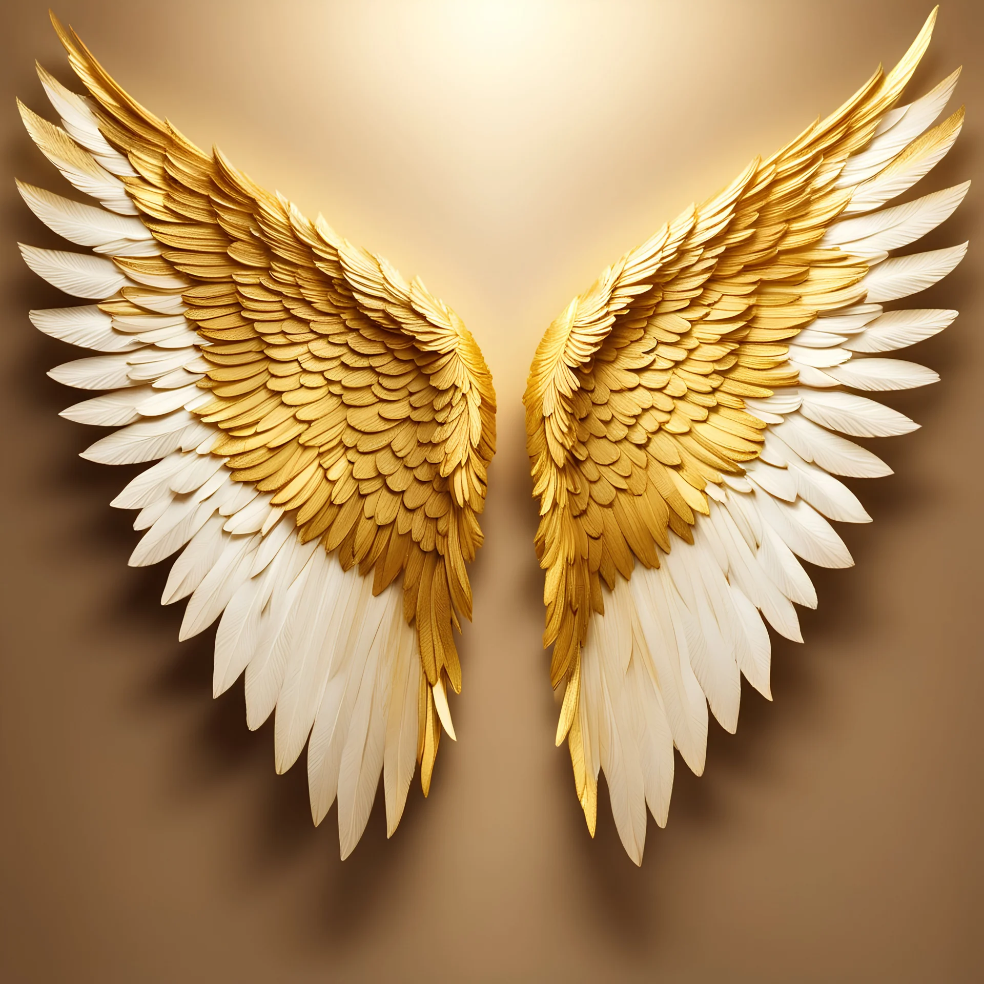 two beautiful angel wings, gold and white, cinematic image, extra clear, golden background,