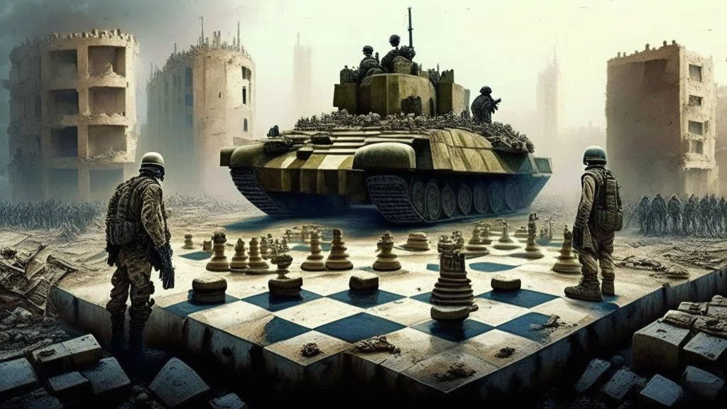 Israeli soldiers and tanks stand on a very large chessboard in the middle of a destroyed city