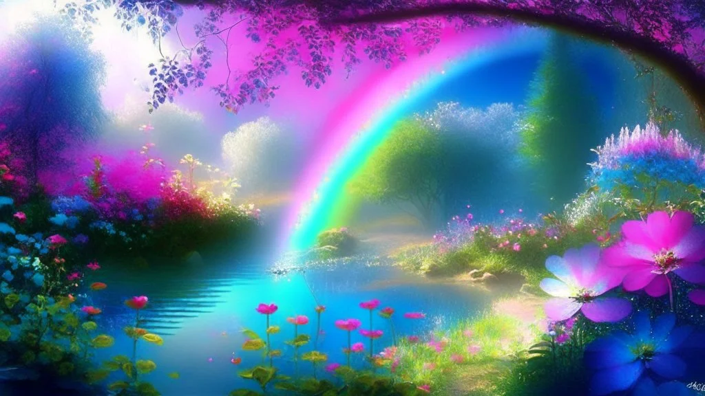 verybeautiful-magical-garden-of-the-angelic-kingdom-blue-and-pink-plants-and-trees-small-river-sunshine-flowers-haze-thumb-rainbow-ufo-bright-colors-light flowers