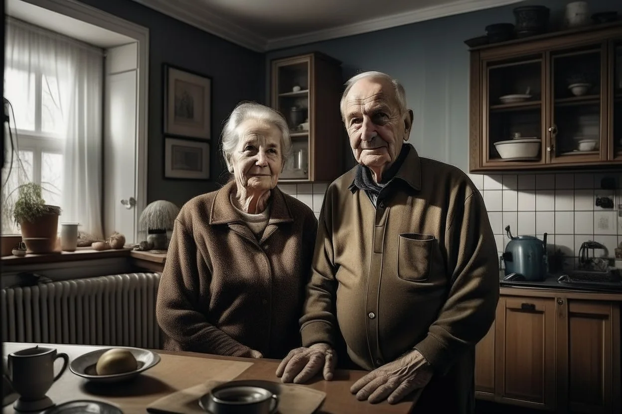 An elderly couple, man and woman, modern apartment, realistic photography, photojournalism, current and huge real