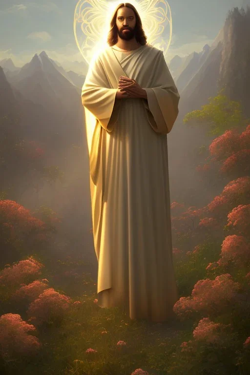 Jesus portrait , detailed hands, at dawn by atey ghailan, golden light , white robe, holding leaves and flowers , angels background, volumetric light, high detail, red leaf tree, mountains in background, perfect