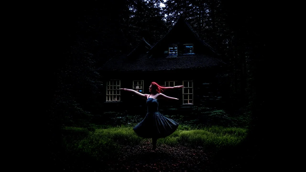 slim nymph dancing in a woodland clearing, with a gothic woodland house behind her.