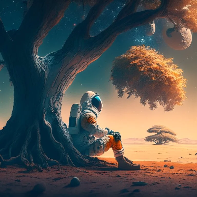 A lonely astronaut sits under the shade of an old tree on the edge of a planet. He looks at a beautiful galaxy. And he is thinking while waiting for his love.4k, high resolution. full detail.