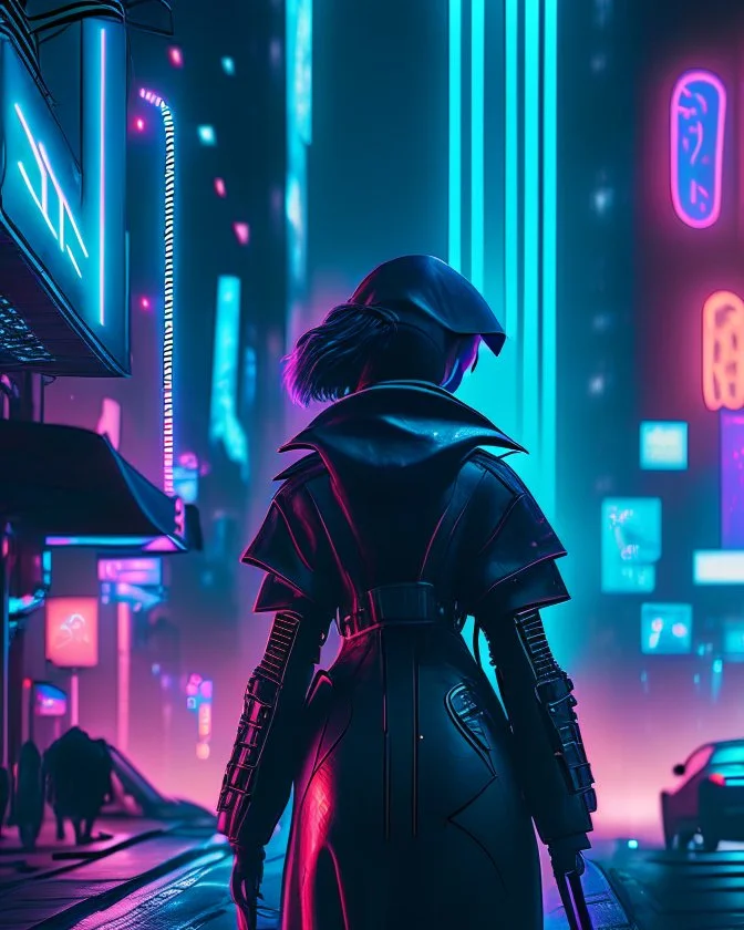 dust woman disappearing from the back dissapearing silhouetted by neon lights facing night futuristic city in photorealistic style, cyberpunk, ice blue neon signs, street level view, raytracing, depth of field, cinematic, highly detailed, rim lighting