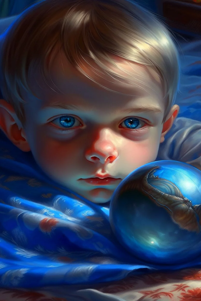 cover illustration, oil painting portrait of metallic sleeping slightly cute smirking innocent blue eyed vampire holding small earth on a platter on a towel, bokeh , high detail, smooth render, prize winning, down light, depth of field, aura, in wind