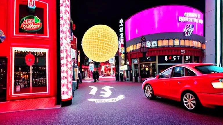A Tesla's 'Model S Plaid' is doing donuts, within the 'Universal Studios Japan', in Osaka. CINEMATIC. WIDE ANGLE LENS. PHOTO REAL.