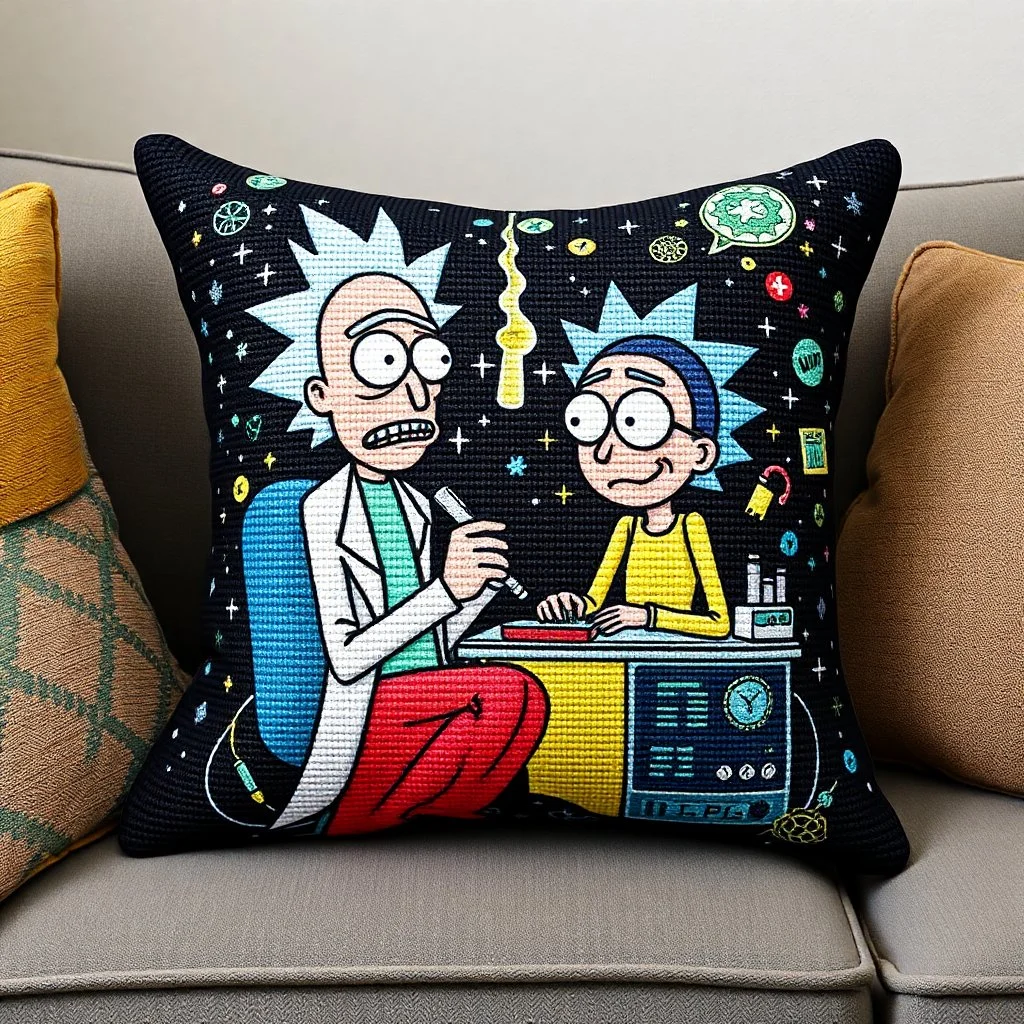 Intricate Anime Needlepoint, Rick and Morty brainwashing machine, couch cushion