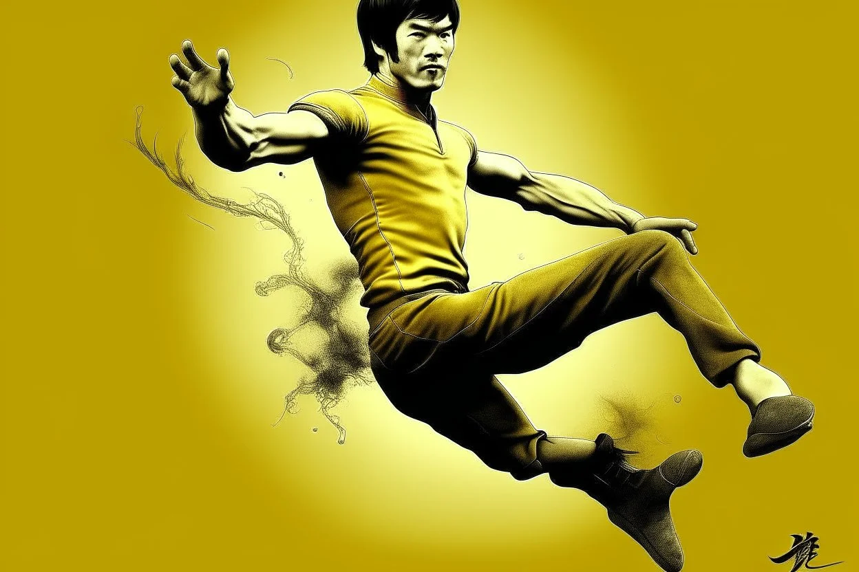 bruce lee,photo realism,in,his,prime,doing,flying,kick