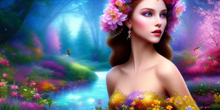 bright fairy, beautiful portrait, flowery landscape