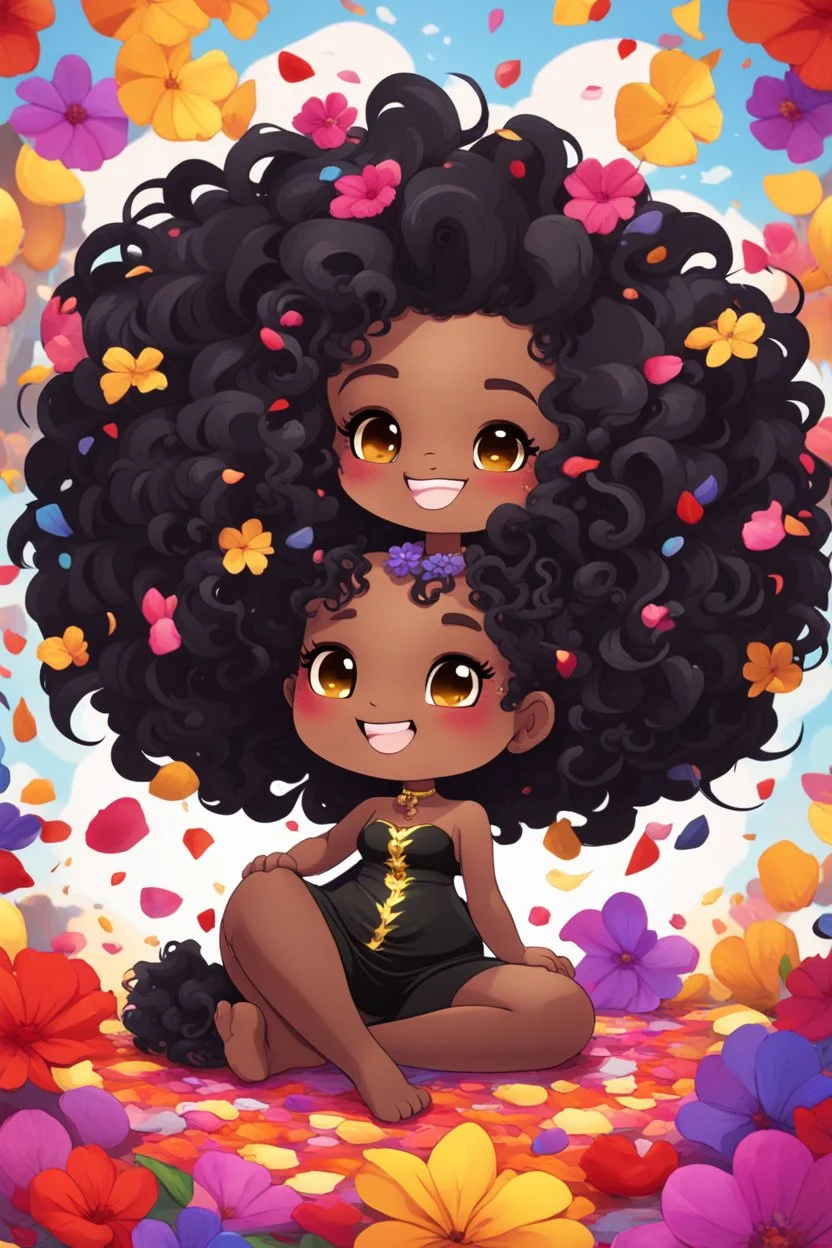 A sassy thick-lined expressionism cartoon black chibi girl lounging lazily on her side, surrounded by colorful flower petals. She has a golden lion tail curling playfully behind her curvy body. Looking up coyly, she grins widely, showing teeth. Her poofy hair forms a mane framing her confident, regal expression.