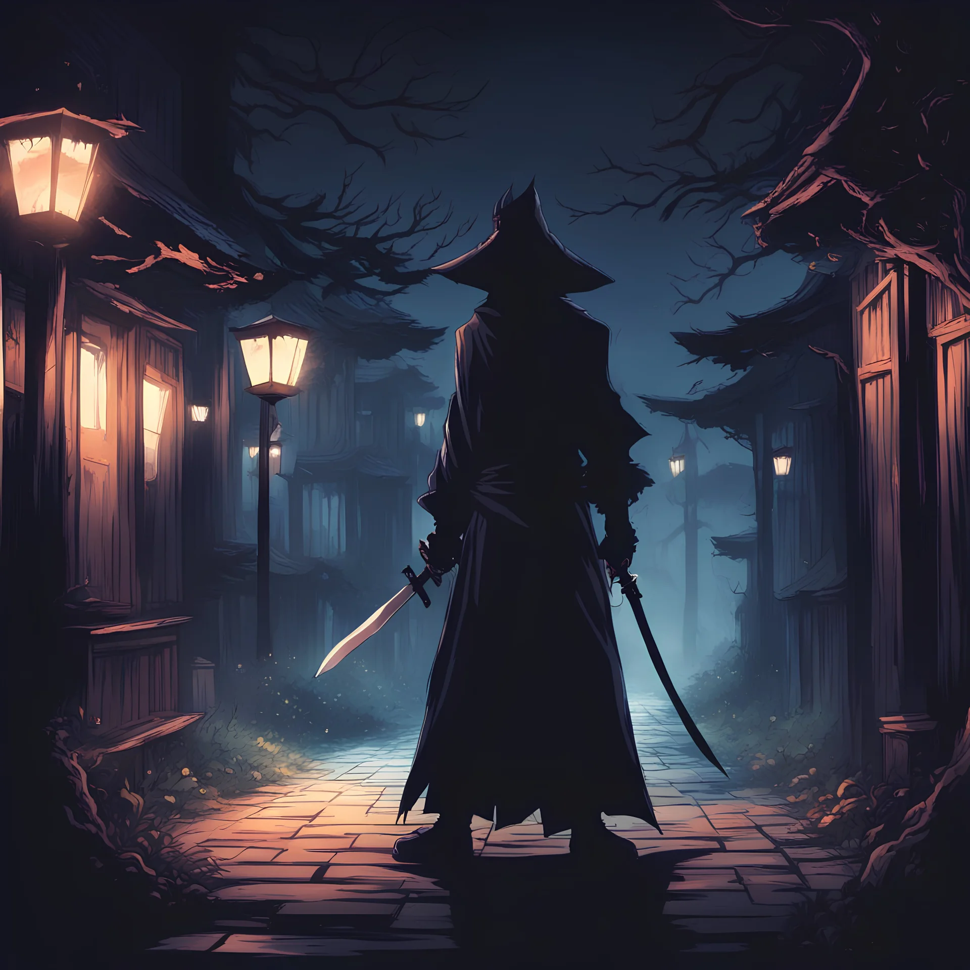 Shinigami lurking in shadows, in effervescent art style, background night