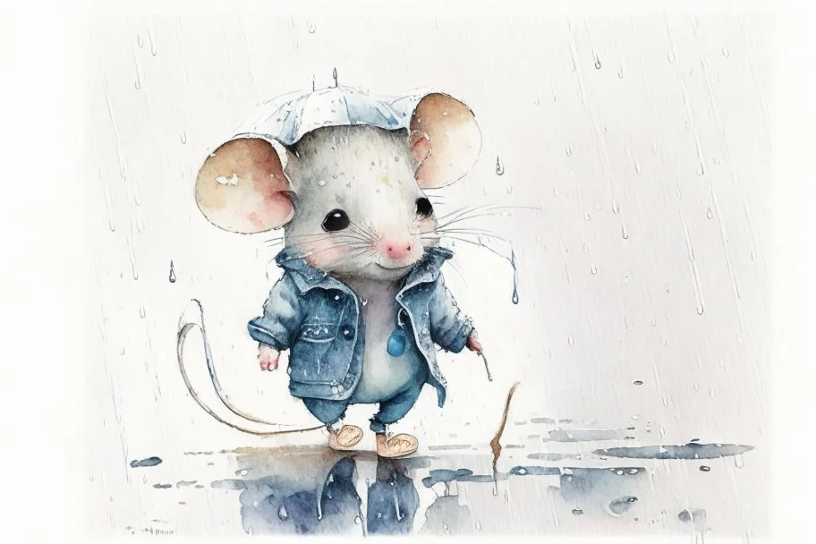 watercolor painting, Jean-Baptiste Monge style, Cute adorable baby white mouse in jeans clothes walking in the rain in Autumn, splash art