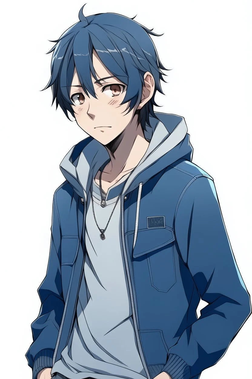 dark blue haired anime boy in a jean jacket