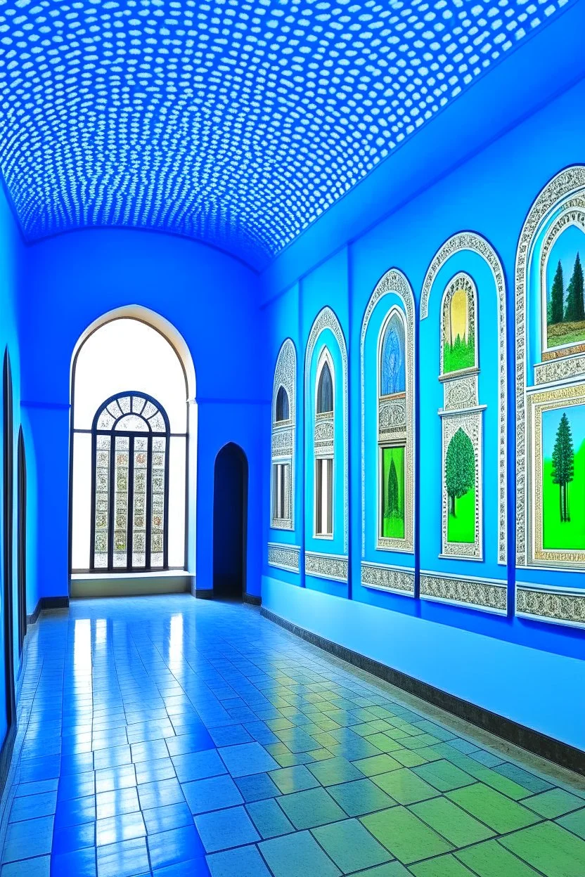 Museum of blue wall paintings, the shape of oval walls and a white floor, and there are walls in the middle in the shape of an oval, and there are oases on it on both sides