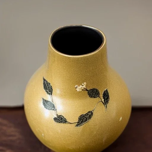 photo of a small cracked ceramic vase repaired with gold, kintsugi, beautiful, vines and leaves, rosebuds, delicate, cinematic, high detail, beautiful composition, delicate arrangement, aesthetic, soft lighting, award winning photography, tender