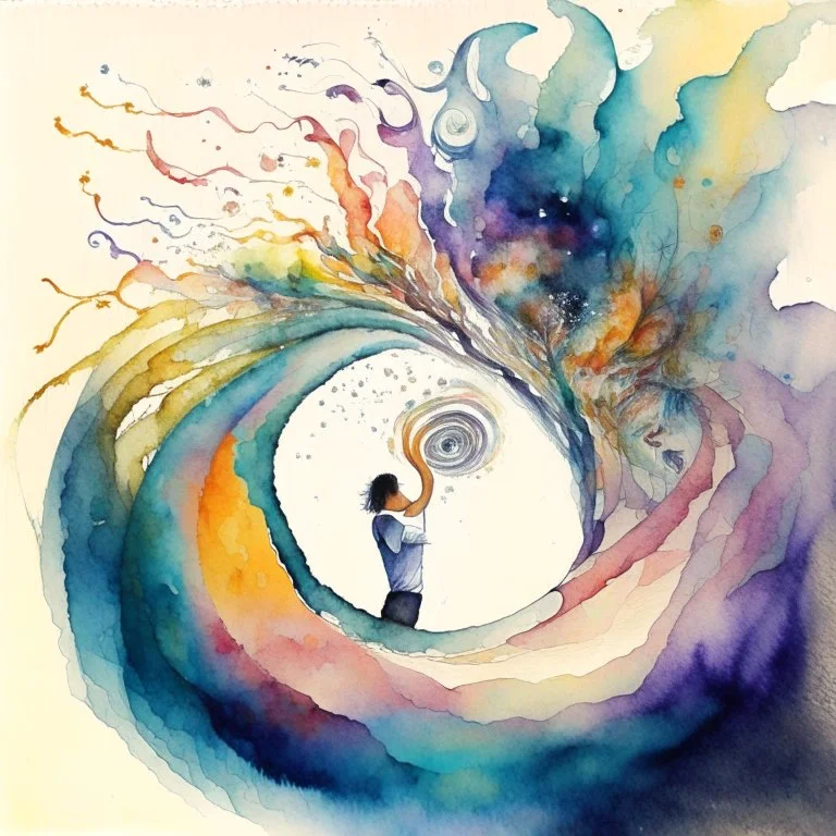 A watercolour painting, In this artwork, the person is depicted within a swirling vortex where reality and imagination converge. Elements from their thoughts materialize around them, intertwining with the physical world. This piece conveys the concept of the person's mind projecting their imagination onto their surroundings, creating a blend of the two realms.