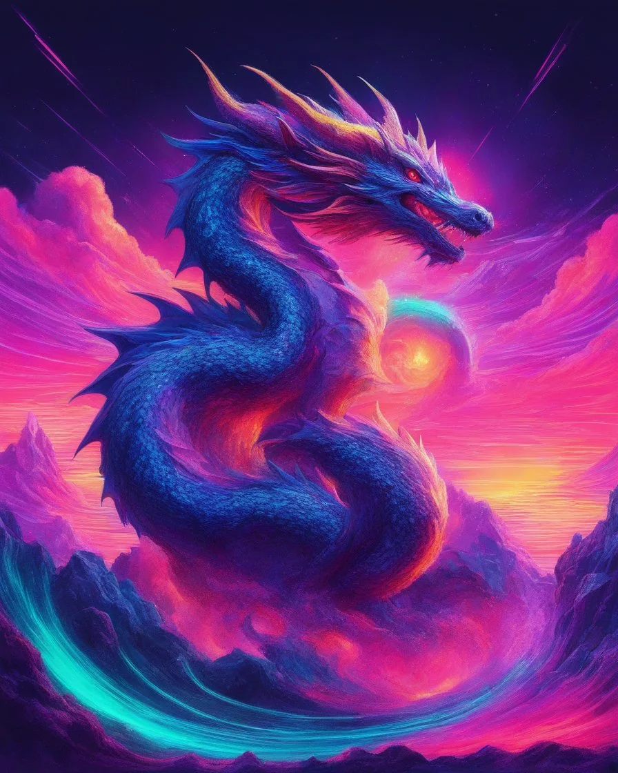 Dragon in a vibrant synthwave dreamscape, neon chaos swirling energetically around pixelated forms, a dynamic fusion of retro gaming nostalgia and futuristic abstraction