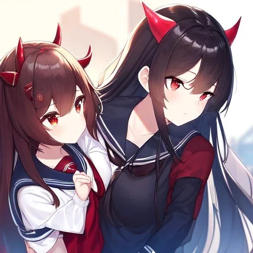 Clear focus,High resolution, Black long hair, Red eyes, Red horns, Wearing a sailor uniform, Another girl, with black long hair, Red eyes, Wearing a sailor uniform