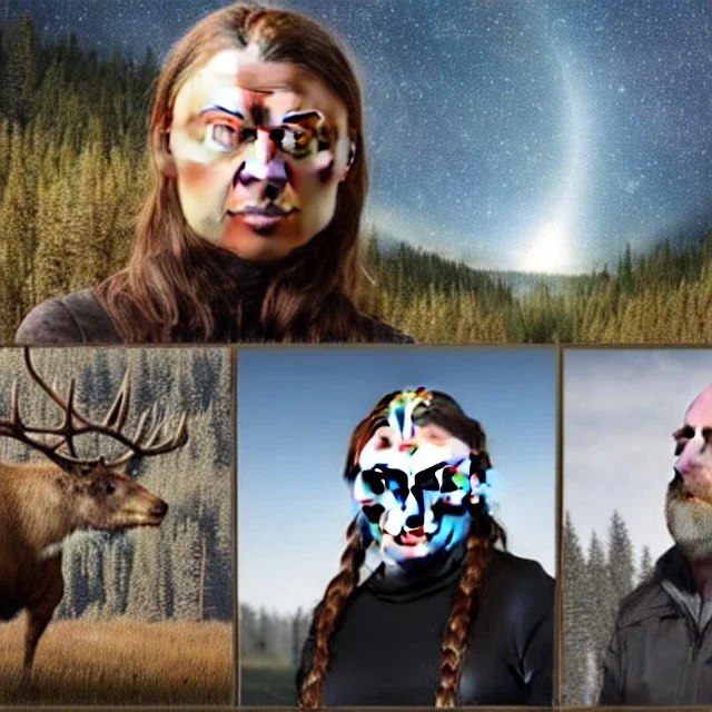 extremely detailed 8k hyperspace wallpaper,complete and photo realistic detailed portrait of Joe Rogan teaching Greta Thunberg shown as portrait how to hunt elk with a bow