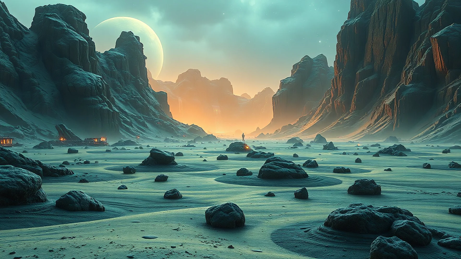 landscape covered in sulfur that looks futuristic with futuristic lighting, realistic rendering