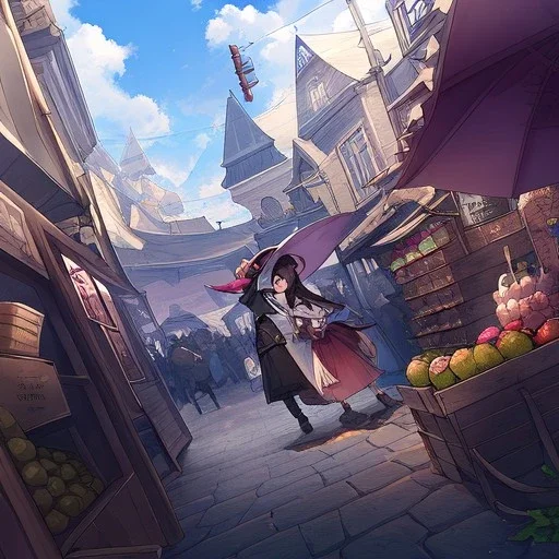  air view, cute witch, destroyed streetMarket,