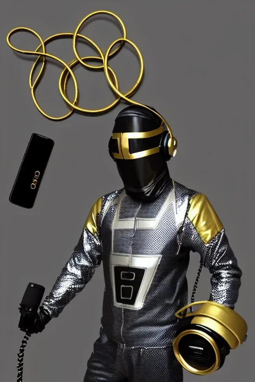 Metallic Cyber-punk style man with a web-camera-mask and old AKG-style headphones with golden rings. Large fencing mask covers man's cheeks. Man in good body shape. Reflective plastic body jacket full-coverage. Body and head full of integrated old-fashioned cameras and an old telephone. Perfect body. Euclidean 3D-tiling, Escher tiling, background. Cables. Daft Punk, Matrix movie black leather jacket with a Hood. Yellow latex areas in black leather surfaces body. 1990's