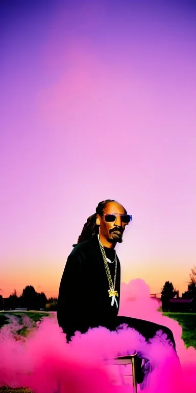 Snoop dogg, sitting. a chair. pink houses, pink sky, pink smoke, trees, outdoors. Groove street. 28mm