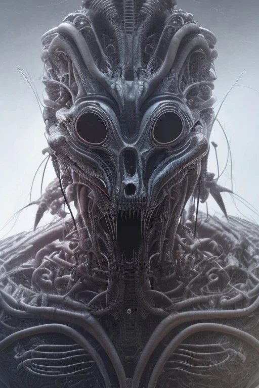 evil predator with crown, alien, brutal face, tron, head, burn eyes, 8k, finely detailed, dark light, photo realistic, hr giger, cyberpunk