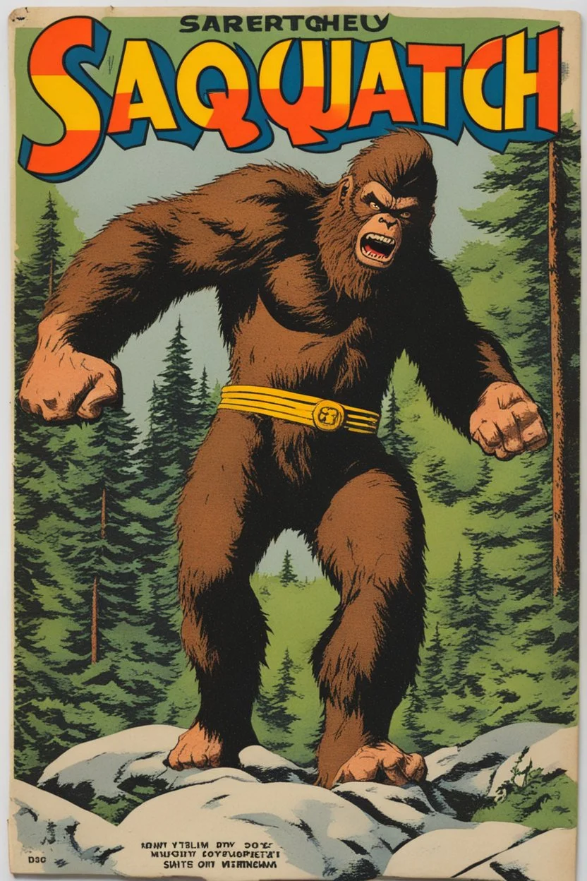Vintage paper "Monthly" superhero comic book "sasquatch", dc comics, 25¢, accurate hands, throwing a rock in the forest, shiny paper, clenched fists