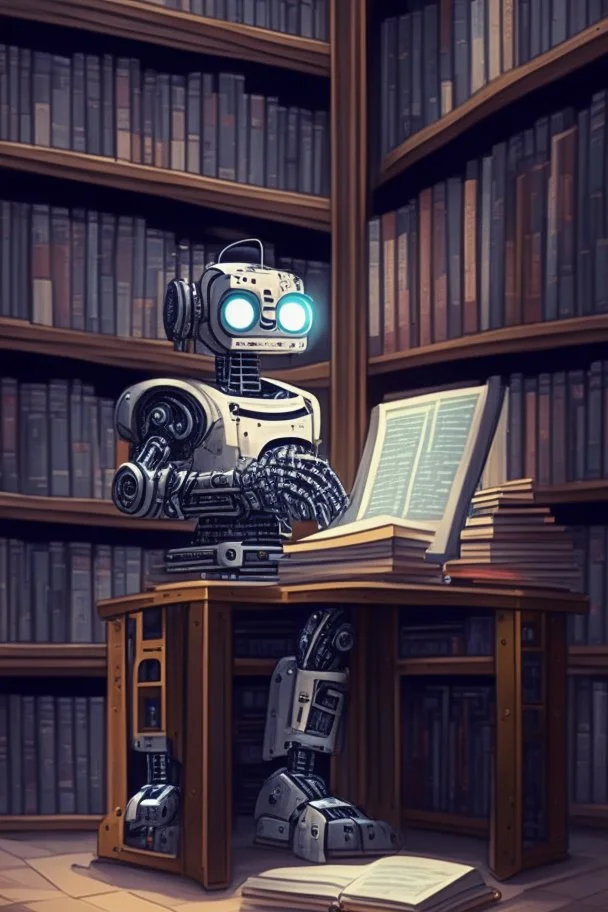 The library is serviced by computers, and there are many books on the shelves. The robot sits at the table and searches for books in the catalog in the computer Expression. High-quality drawing, 8K