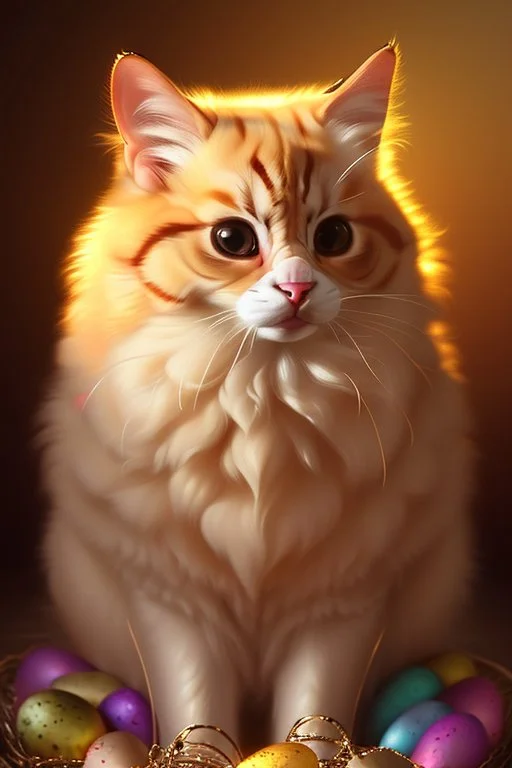 am easter cat holding a basket of jewels and gems. His fur is realistic. The background is a romantic carpet bokeh digital painting extremely detailed studio lighting crisp quality and light reflections 8k cinematic lighting portrait photorealistic ultra detailed cinematic postprocessing focused