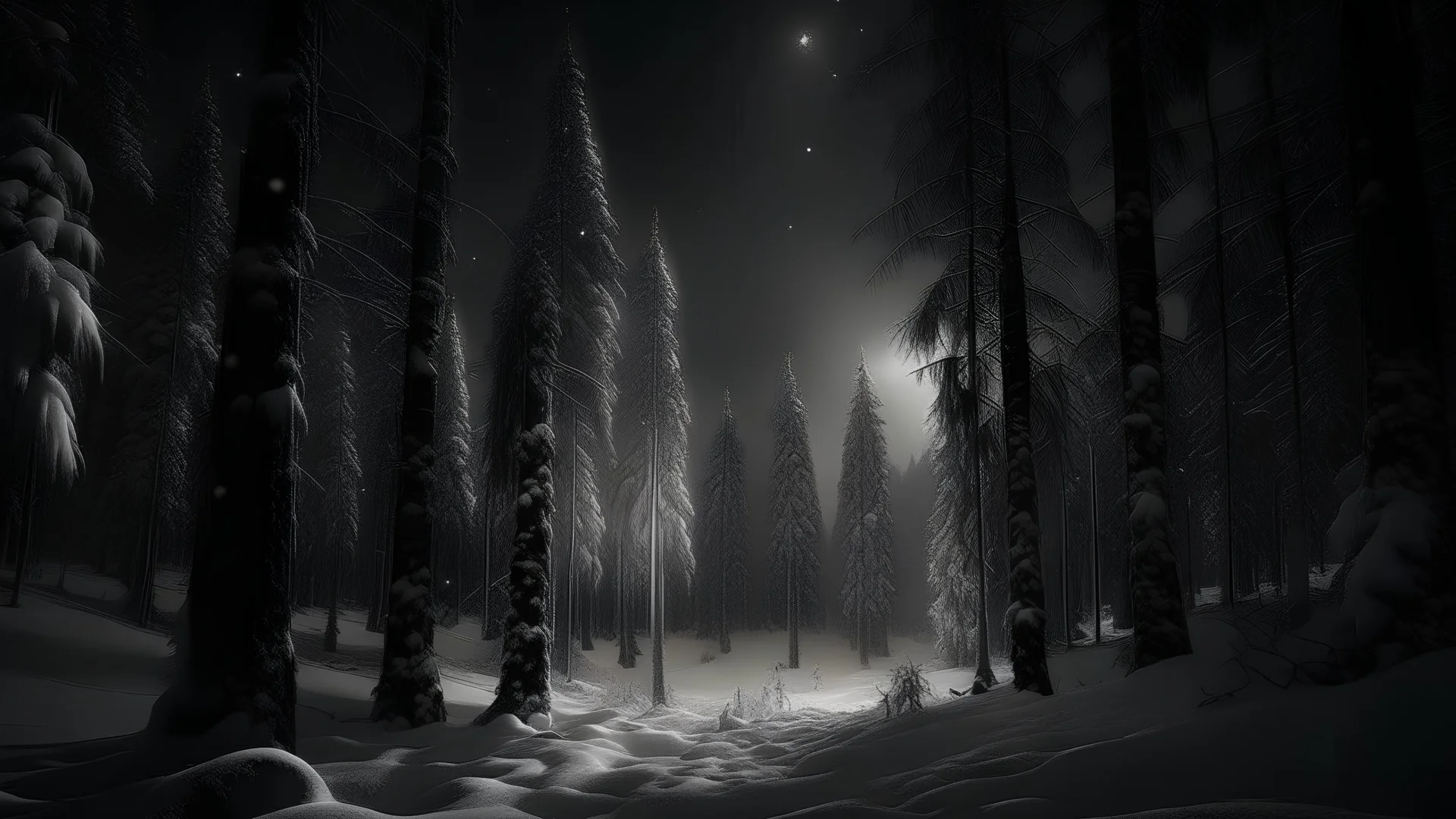 photo of a snowy fir forest,christmas magic,midnight hour,fireflies,reflections,8k,, octane render, volumetric lighting, DSLR camera, Dramatic scene,black and white, splash color,