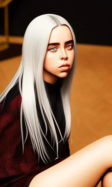 Billie Eilish, sitting on a chair, Black Short Dress, high detail, realistic