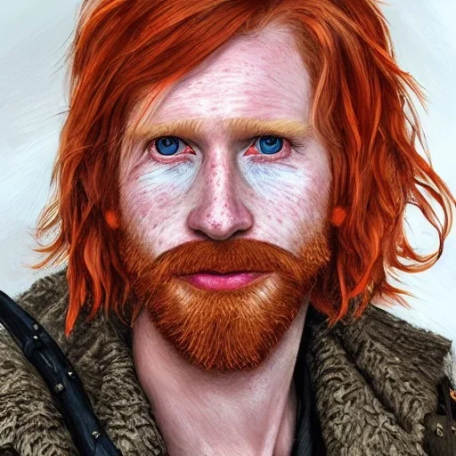 Portrait of young Courtney Gains as a ruggedly handsome, joyful, roguish pirate, charismatic, attractive male, masculine, perfect, precisely detailed clear eyes, unblemished, flawless skin, softly freckled face; meticulously detailed multi-hued ginger carrot-colored cherry fire red hair; fantasy, intricate, elegant, highly detailed, digital painting, concept art, matte, sharp focus, illustration, art by artgerm and greg rutkowski and alphonse mucha