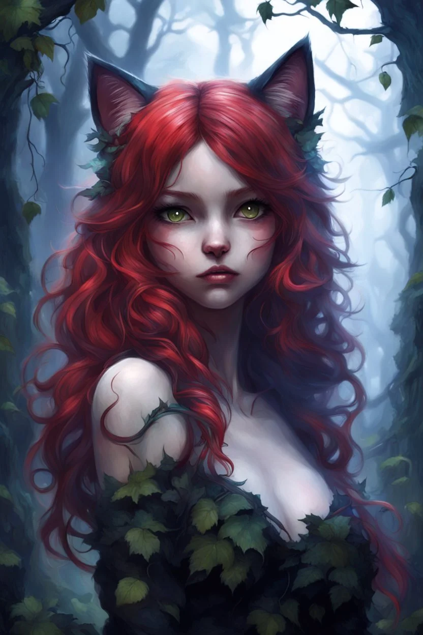 CAT GIRL, FANTASY, FORESTY, VINES, SOULLESS, FLUFFY TAIL, RED HAIR