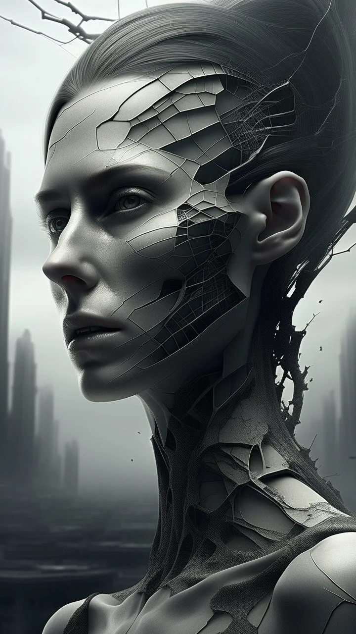 /image, randomised, depicting illusion, the Impossible, nonsense, the immaterial, intangible, and futuristic. Be wildly random in producing totally new ideas and images. Show me the deep scars inflicted on my soul and mind. Epic, cinematic.