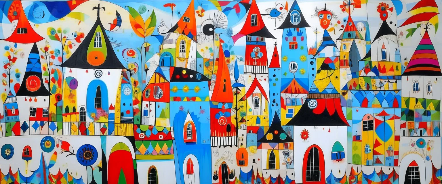 A white village with windmills and birds designed in Matryoshka dolls painted by Wassily Kandinsky