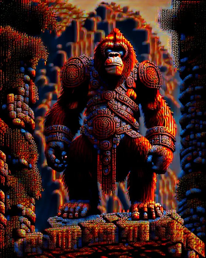 Orangutan Assassin Gothic symmetrical design standing on the edge of a cliff frontal view full body full arms full legs full head full pixel art hyper-detailed hyper-realistic full legs 8k