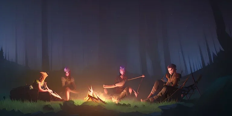 Adventurers resting around a campfire in a forest clearing at night, starry sky, dark fantasy