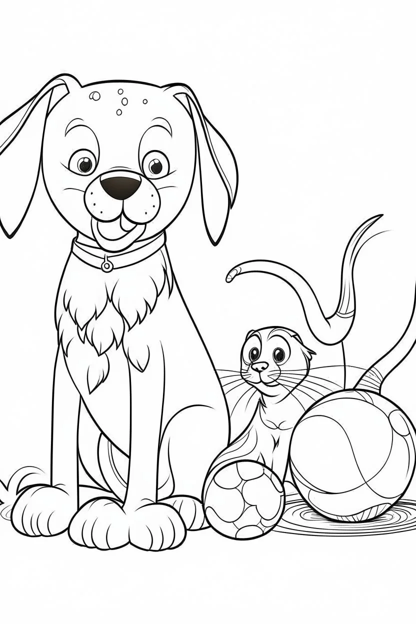 a dog with a ball on it's mouth with a cat beside it. kids coloring book. no color. thin crisp lines