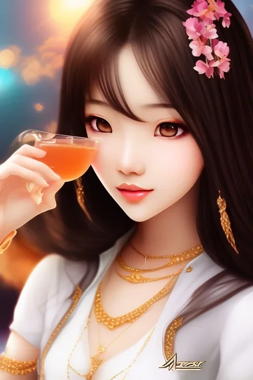 Asian girl, cute, drink thé