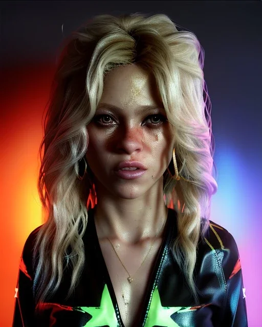 portrait, Shakira, blonde artist, angry, Realistic image, MMA robe, hoodie, mma gloves, loose long hair, eyes, make-up, gold line make up, moisture, sweat, fog, goddess, Neon colors, leds. Black background, photo studio, concept art, smooth, unreal engine 5, god lights, ray tracing, RTX, lumen lighting, ultra detail, volumetric lighting, 3d, finely drawn, high definition, 4k.